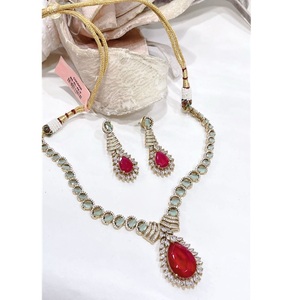 Attractive Premium Quality Brass Gold Plated CZ <b>Statement</b> Fusion Zircon <b>Necklace</b> Earrings Set Women's for Wedding Gift Party - Product Image 2