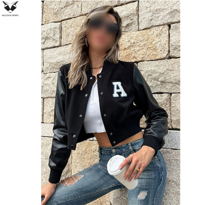 Premium Quality Newest Style Women's Black Varsity Jacket With Embroidered A Logo Full Sleeve Turn <b>Down</b> Collar Autumn Wear - Product Image 6