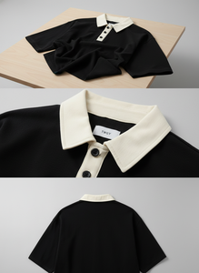 Polo noir pour homme tendance |   Coupe ample à épaules tombantes |   Chemise d'été élégante à manches courtes avec col contrastant - Product Image 6