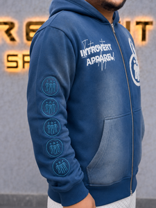 Sweat à capuche zippé bleu pour homme Rexfit Sports, en molleton French Terry, style streetwear, avec logo frontal et patchs sur les manches, fermeture éclair. - Product Image 4