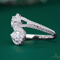 Superbe Bague Toi et Moi en Or Blanc avec Diamant Poire, Magnifique Double Halo, Bague de Mariage à Double Allée, Splendide Bijou Féminin
