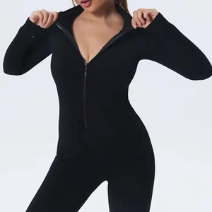 Mono de yoga para mujer, gris liso, de manga larga, cuello alto, cintura alta, cremallera frontal, ajuste ceñido, secado rápido - Product Image 5