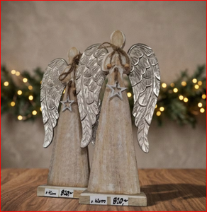 Étoile de Noël artisanale en bois de manguier de haute qualité, durable, avec figurine à ailes argentées, décoration de table ou d'arbre, cadeau - Product Image 2