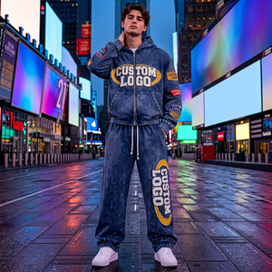 Ensemble sweat à capuche et pantalon de survêtement en coton délavé personnalisé pour homme, fermeture éclair intégrale, coupe oversize, épais, tenue décontractée streetwear - Product Image 4