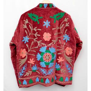 Handmade Multicolor Embroidered Velvet Women's Jacket Mandarin Collar Full Sleeve Geometric Pattern Autumn Wear - Product Image 3