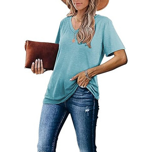 Camiseta de Mujer con Cuello en V, Manga Corta, Color Sólido, Corte Holgado, Informal, Verano, Transpirable, Tejido de Jersey de Algodón - Product Image 3