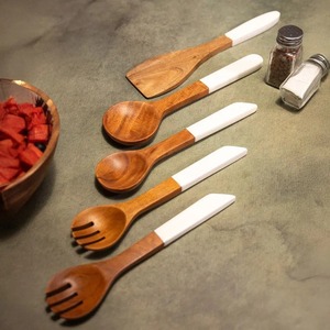 5 Piece Acacia Wood Utensil <b>Set</b> with White Handles Cooking Spoon Fork <b>Spatula</b> - Product Image 6