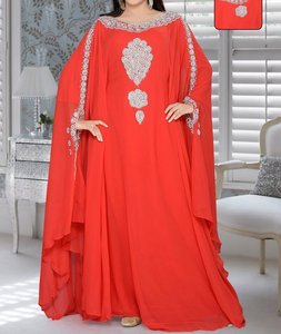 Abaya de poliéster con cuentas naranjas, larga hasta el suelo, cuello alto, manga larga, modesta, talla grande, para fiesta de noche, estilo de Oriente Medio para mujer - Product Image 1