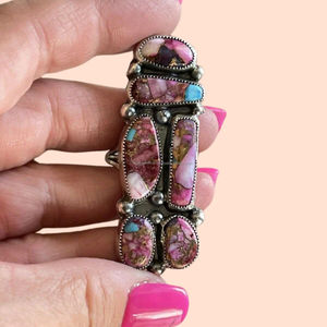 Grande bague turquoise naturelle Kingman rose Dahlia multicolore Turquoise rose épineuse huître bague en argent sterling faite à la main - Product Image 1