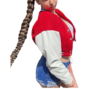 Women's Red White Varsity Jacket Full Sleeve Short Length Rib Collar Regular Length Autumn Style - Product Image 5