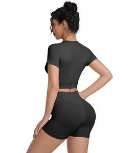 Women 2 Piece Yoga Set Solid Black <b>Crop</b> <b>Top</b> High Waist Shorts Breathable Workout Outfit Crew Neck Short Sleeve Shirt And Short - Product Image 4