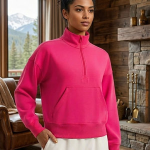 Sweat-shirt rose pour femme, demi-zip, manches régulières, col montant, tricoté, couleur unie, respirant, pour l'automne, avec poches - Product Image 1