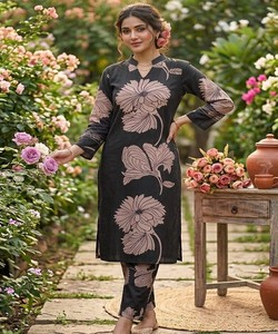 Ensemble Kurta et Pantalon en Coton Slub Imprimé Fantaisie pour Femme, Tenue Ethnique Traditionnelle Indienne pour Fête, Coupe Classique 85573 SI:-362 - Product Image 1