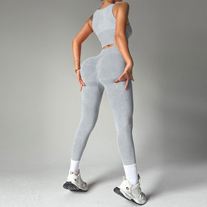 Conjunto de Yoga de 3 Piezas sin Costuras, Top Corto Acanalado de Color Sólido, Leggings de Cintura Alta, Sin Mangas, de Spandex y Poliéster - Product Image 3