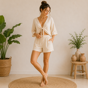Ensembles de vêtements de détente pour femmes, 100% coton, tissu en gaze tissé, pyjamas respirants, vêtements décontractés pour la maison - Product Image 1