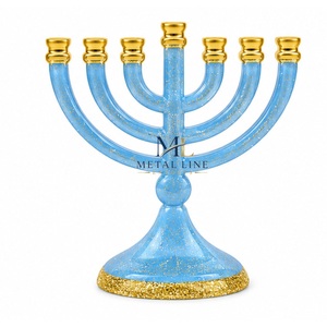 Ménorah de luxe bleue et dorée en résine, chandelier juif à 7 branches, moderne, en polyrésine scintillante, standard de Jérusalem - Product Image 1