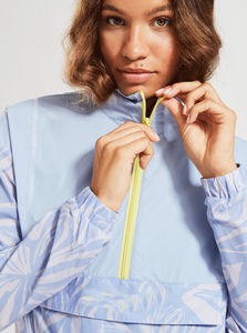 Light Blue Floral Print Quarter-<b>Zip</b> Racer <b>Jacket</b> Unisex Sporty Quick Dry Polyester Spring Wear - Product Image 4