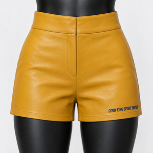 Shorts de Cuero Ecológico Amarillo Mostaza, Minimalistas, con Cierre Oculto, Cintura Ancha, Ajustados, Elegantes, Chic, Retro, Estilo Años 70, para Vacaciones - Product Image 4