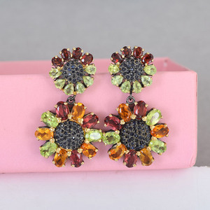 Women's Multi Gemstone Floral Drop <b>Earring</b> <b>Solid</b> 925 Sterling <b>Silver</b> Citrine Garnet Peridot Blue Sapphire Wholesale Fine Jewelry - Product Image 2