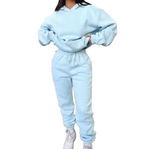 Chándal personalizado de algodón orgánico, conjunto de Sudadera con capucha y pantalones de dos piezas de lana de talla grande para mujer, ropa de otoño - Product Image 2