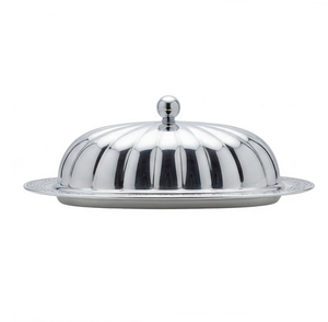 Vaisselle ovale en argent, beurrier avec couvercle, métal poli classique, pour les fêtes - Product Image 2