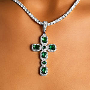 Luxury Silver Emerald Green <b>Cross</b> Pendant Necklace | Halo Christian <b>Cross</b> <b>Charm</b> with Tennis Chain | Stainless Steel Religious - Product Image 2