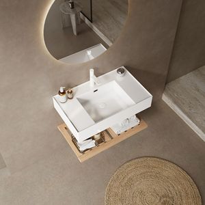 30 \ "lavabo da bagno in acrilico bianco galleggiante con rubinetto lavabo integrato a righe ripiani in legno naturale a parete - Product Image 3