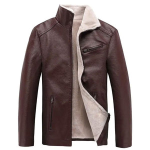 Econex Sports Men's Slim Fit PU <b>Leather</b> <b>Winter</b> Moto <b>Jacket</b> Turn-down Collar Zipper Closure Faux Fur Lining Windproof Solid Color - Product Image 1