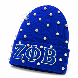 Gorro de Punto Azul con Perlas para Mujer de la Hermandad Zeta Phi Beta, Gorro Casual de Invierno con Letras Griegas Bordadas en Chenilla - Product Image 3