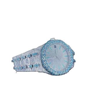 Montre de luxe en moissanite bleue de haute qualité, certifiée D VVS, passe le testeur de diamants, quartz, bracelet en cuir de 20 mm, verre saphir - Product Image 1