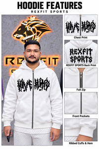 Custom Heavyweight <b>White</b> Zip Up Hoodie French Terry Black Screen Print <b>Mens</b> Streetwear <b>Sweatshirt</b> Wholesale - Product Image 6
