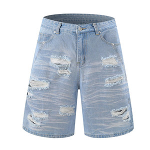 Professional Logo Printed Men's Washed Denim Shorts High Quality Breathable Summer Stretch Jeans Distressed Denim Shorts - Product Image 2
