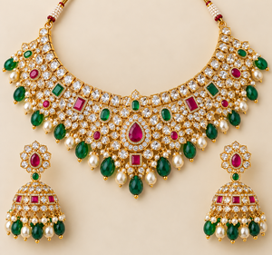 Conjunto de Collar Choker Antiguo Indio con Perlas, Rubíes, Esmeraldas y Cristales para Mujer, Joyería para Bodas y Fiestas - Product Image 1