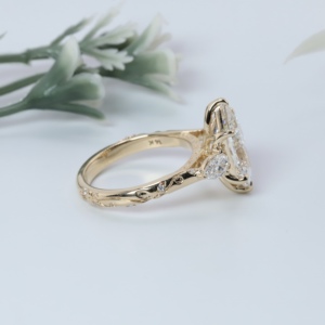 Vintage Yellow Gold Elongated Hexagon Cut Lozenge Lab Grown <b>Diamond</b> Engagement <b>Ring</b> Three Stone Pear Accent Engraved Anniversary - Product Image 2