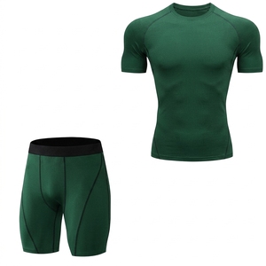 <b>Men's</b> Green <b>Compression</b> Shirt <b>Shorts</b> Set V-neck <b>Short</b> Sleeve Fitted Moisture Wicking Breathable Four-Way Stretch Eco-Friendly - Product Image 1