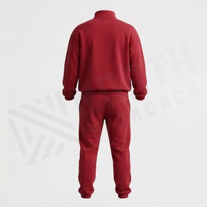 Survêtement rouge pour homme à demi-zip, couleur unie, sweat-shirt en coton et pantalon à cordon de serrage, tenue décontractée d'automne, coupe régulière longueur entière - Product Image 2