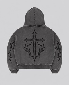 Sudadera con capucha gótica de alta calidad para hombre, con cremallera, de algodón negro, forro polar, estampado geométrico, corte regular, bolsillo frontal en la manga, lavado ácido, para invierno - Product Image 2
