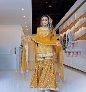 El último conjunto de Sharara Gharara Kurti bordado indio, tela de Georgette, hermoso diseñador pakistaní, Ropa Étnica personalizada, 3 uds. - Product Image 1