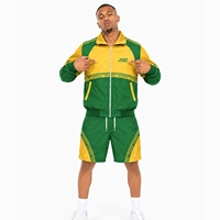 Ensemble de survêtement sportif vert et jaune uni pour homme, col montant, veste zippée, short respirant en satin de polyester, collection printemps
