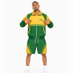 Men's Green <b>Yellow</b> Color Blocking Sporty Tracksuit Set Stand Collar Zipper Jacket & Shorts Breathable Knitted Polyester Spring - Product Image 5