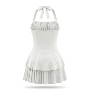 Ensemble Robe de Sport Femme Unie Sans Manches à Bretelles Halter Froncées, Jupe Plissée à Panneaux, Respirant, Séchage Rapide, Corset à la Taille - Product Image 2