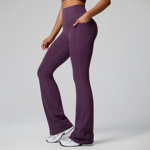<b>High</b> <b>Waist</b> <b>Flared</b> Leg Yoga <b>Leggings</b> Full Length Solid Olive Green Spandex Nylon Seamless Four-Way Stretch Elastic <b>Waist</b> - Product Image 6