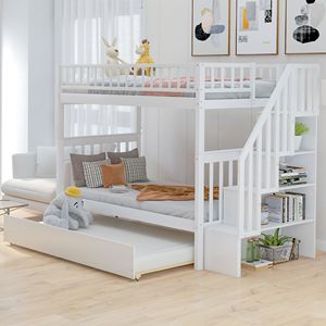 Letto a castello bianco a due piazze con letto estraibile e contenitore, mobili per bambini - Product Image 1