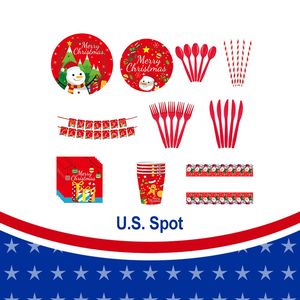 Ensemble de vaisselle jetable de Noël 10 pièces, motif bonhomme de neige, assiettes en papier, serviettes, bannières, nappes en plastique pour décorations de fête - Product Image 5