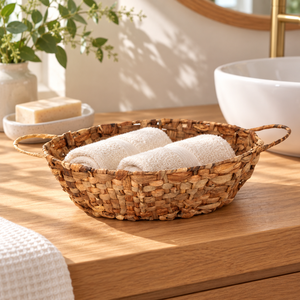 Panier ovale tressé en jacinthe d'eau personnalisable avec poignées, plateau de rangement domestique écologique, organisateur rustique pour la maison - Product Image 6