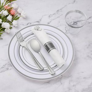 Set di Stoviglie in Plastica Argento da 350 Pezzi per 50 Ospiti, Include 50 Piatti Piani e da Dessert, Kit di Forniture per Feste Usa e Getta di Lusso - Product Image 2