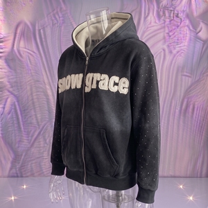 เสื้อฮู้ดซิป Snowgrace ผ้าเฟรนช์เทอร์รี่ พิมพ์ลายพัฟฟ์ ทรงโอเวอร์ไซส์ ยูนิเซ็กส์ สไตล์ลำลอง สำหรับฤดูหนาว สีดำ - Product Image 4
