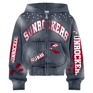 Custom Streetwear Heavyweight Acid Wash Tracksuit <b>Crop</b> <b>Zip</b> <b>Up</b> Hoodie and Distressed Rhinestone Sweatpants Set - Product Image 5