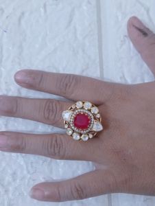 Anillo de Cóctel Clásico con Forma de Flor, Doble Zirconia Roja y Diamantes, Chapado en Oro sobre Plata, Joyería Vintage de Compromiso para Mujer - Product Image 3