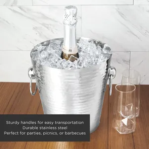 Seau à glace en acier inoxydable martelé avec poignée, double paroi, pour champagne, vin et bière, accessoires de bar, vente en gros - Product Image 1
